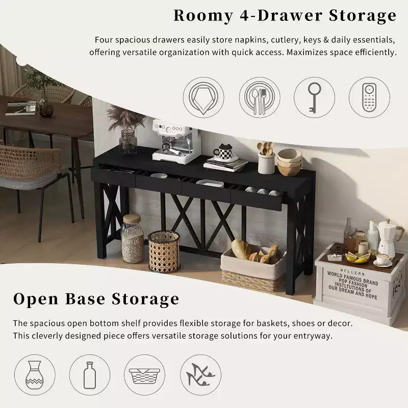 TUYOHW 60 Acacia Wood Console Table with 4 Drawers,Farmhouse Entryway Table with X-Leg Design,Slim Sofa Table for Living Room,Kitchen,Hallway
