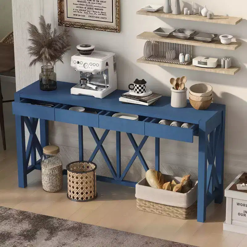 TUYOHW 60 Acacia Wood Console Table with 4 Drawers,Farmhouse Entryway Table with X-Leg Design,Slim Sofa Table for Living Room,Kitchen,Hallway