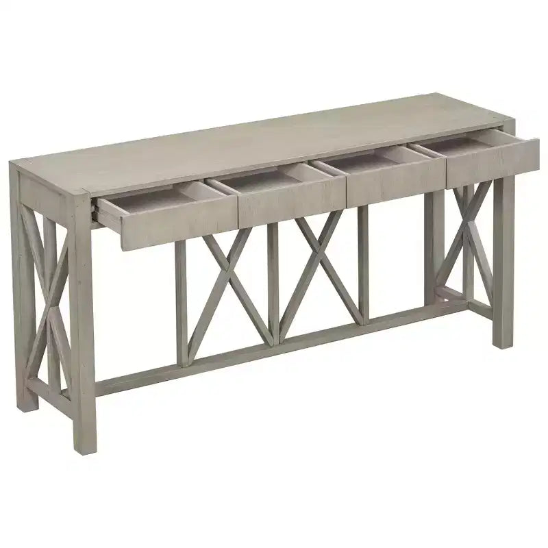 TUYOHW 60 Acacia Wood Console Table with 4 Drawers,Farmhouse Entryway Table with X-Leg Design,Slim Sofa Table for Living Room,Kitchen,Hallway