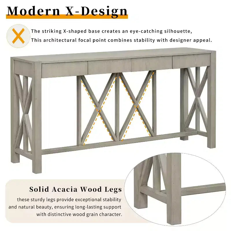 TUYOHW 60 Acacia Wood Console Table with 4 Drawers,Farmhouse Entryway Table with X-Leg Design,Slim Sofa Table for Living Room,Kitchen,Hallway