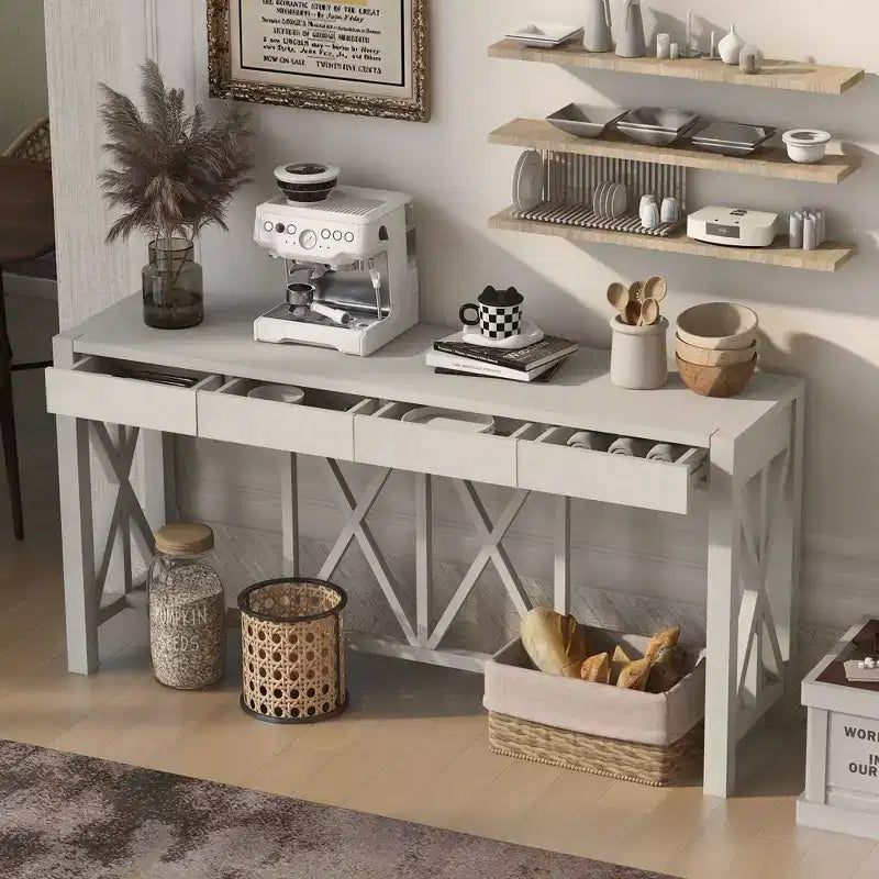 TUYOHW 60 Acacia Wood Console Table with 4 Drawers,Farmhouse Entryway Table with X-Leg Design,Slim Sofa Table for Living Room,Kitchen,Hallway