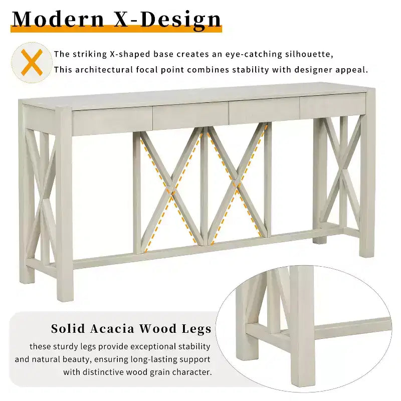 TUYOHW 60 Acacia Wood Console Table with 4 Drawers,Farmhouse Entryway Table with X-Leg Design,Slim Sofa Table for Living Room,Kitchen,Hallway