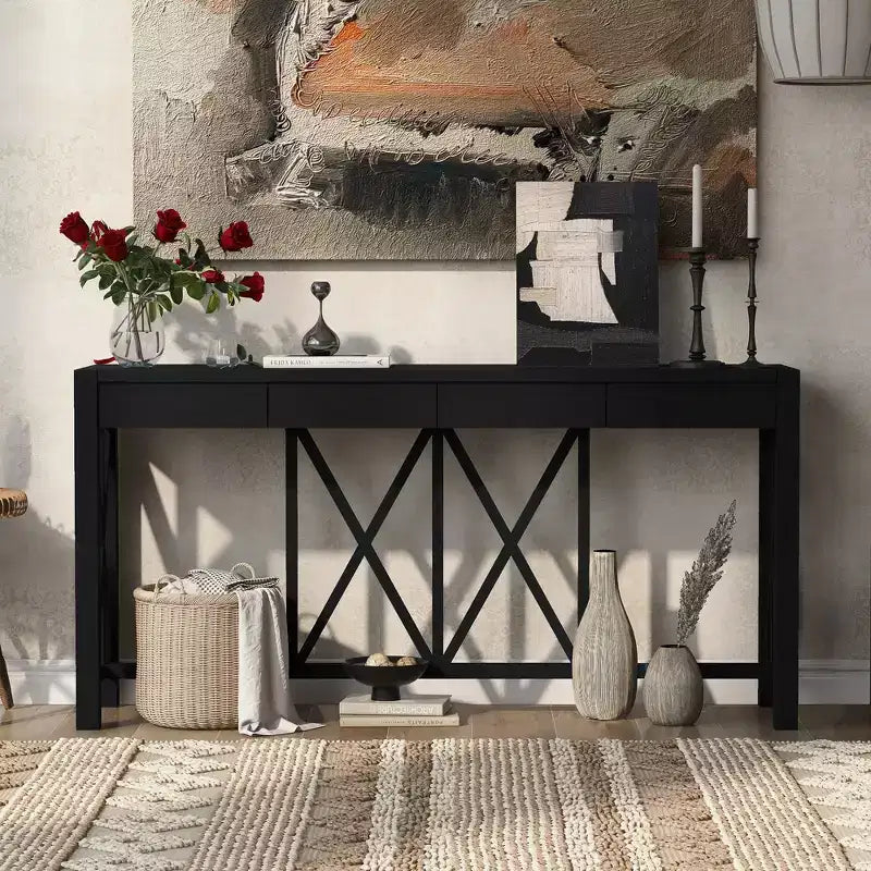 TUYOHW 60 Acacia Wood Console Table with 4 Drawers,Farmhouse Entryway Table with X-Leg Design,Slim Sofa Table for Living Room,Kitchen,Hallway