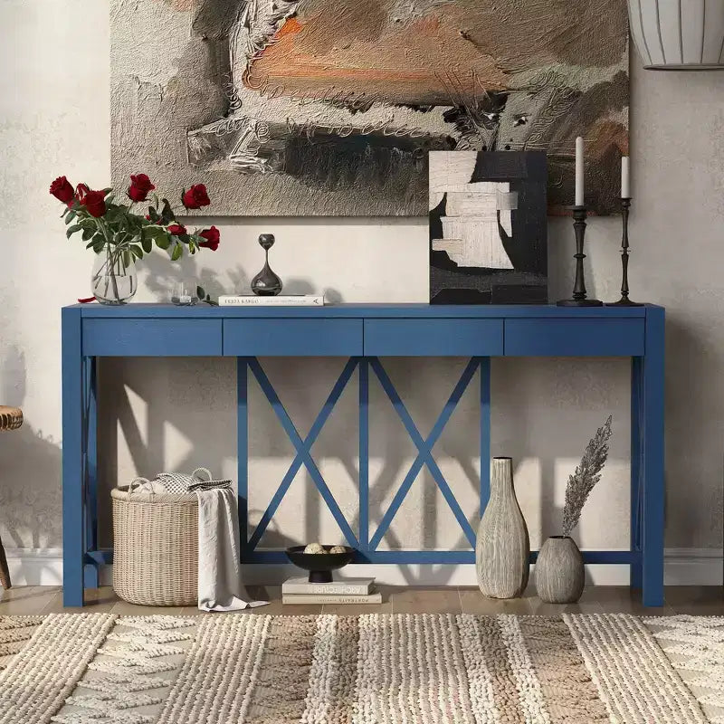 TUYOHW 60 Acacia Wood Console Table with 4 Drawers,Farmhouse Entryway Table with X-Leg Design,Slim Sofa Table for Living Room,Kitchen,Hallway