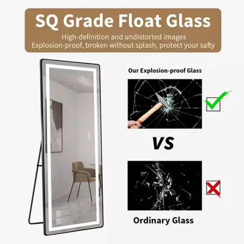 TUYOHW Modern Full Length Mirror with Adjustable LED Wall Mounted Mirror Freestanding Mirrors with Stand Body Mirror for Living Room, Black