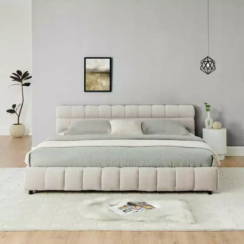 MAYEERTY King Size Upholstered Bed with Headboard Solid Bed Frame Drawer for Bedroom Beige