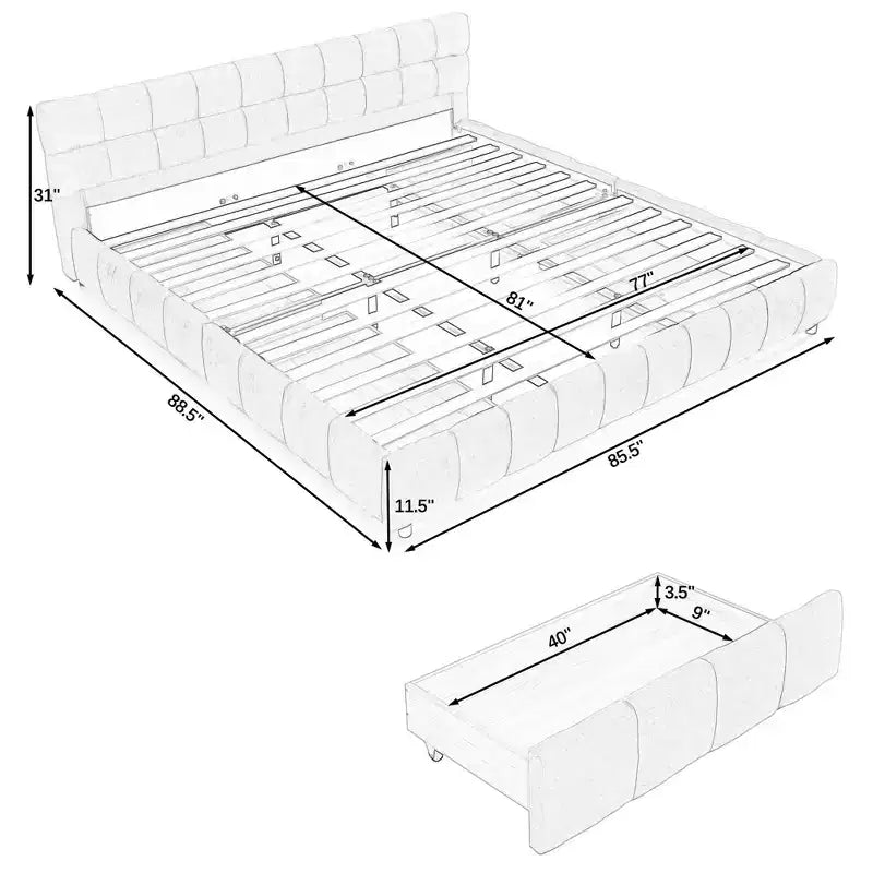 MAYEERTY Letto King Size Imbottito con Testiera, Struttura Letto Solida con Cassetti per Camera da Letto, Beige