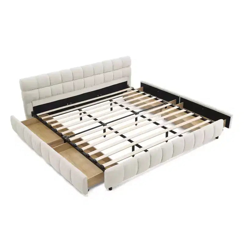 MAYEERTY Letto King Size Imbottito con Testiera, Struttura Letto Solida con Cassetti per Camera da Letto, Beige