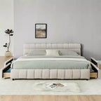 MAYEERTY Letto King Size Imbottito con Testiera, Struttura Letto Solida con Cassetti per Camera da Letto, Beige