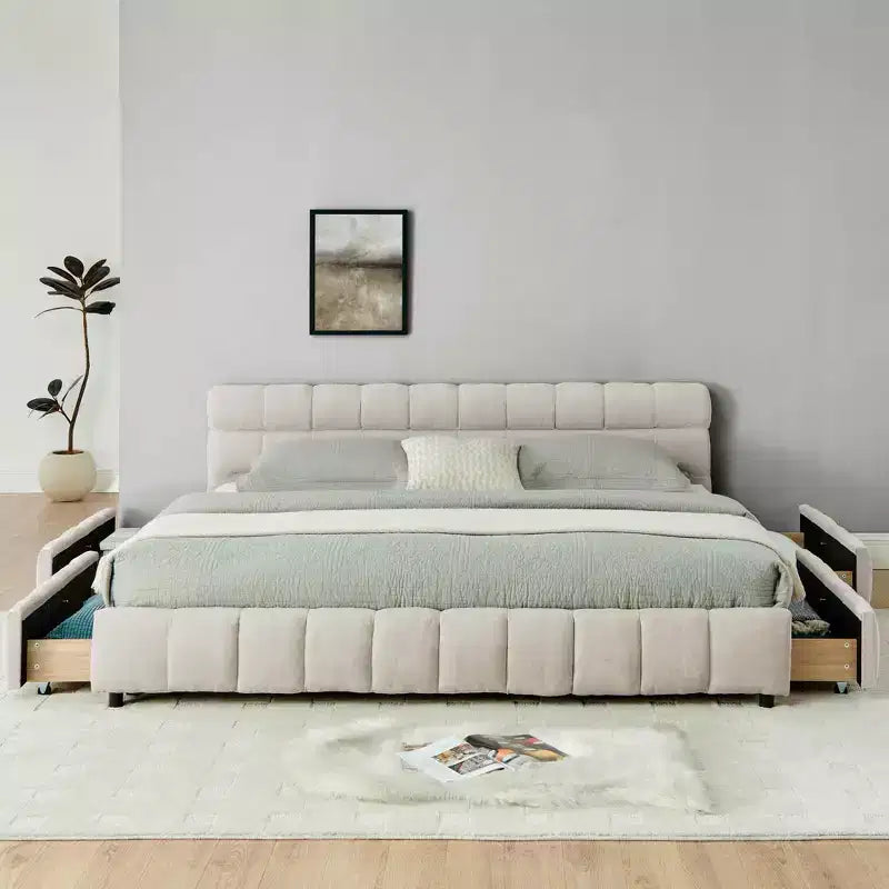 MAYEERTY Letto King Size Imbottito con Testiera, Struttura Letto Solida con Cassetti per Camera da Letto, Beige