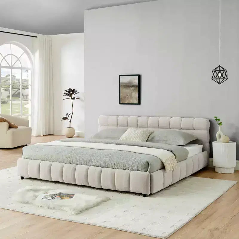 MAYEERTY Letto King Size Imbottito con Testiera, Struttura Letto Solida con Cassetti per Camera da Letto, Beige