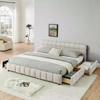 MAYEERTY Letto King Size Imbottito con Testiera, Struttura Letto Solida con Cassetti per Camera da Letto, Beige