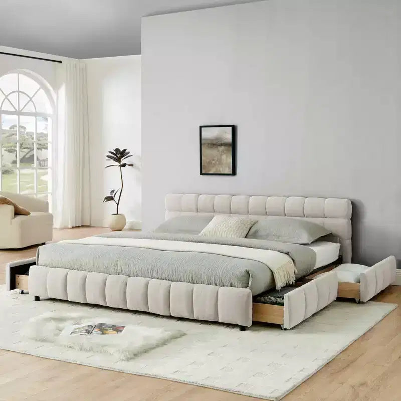 MAYEERTY Letto King Size Imbottito con Testiera, Struttura Letto Solida con Cassetti per Camera da Letto, Beige