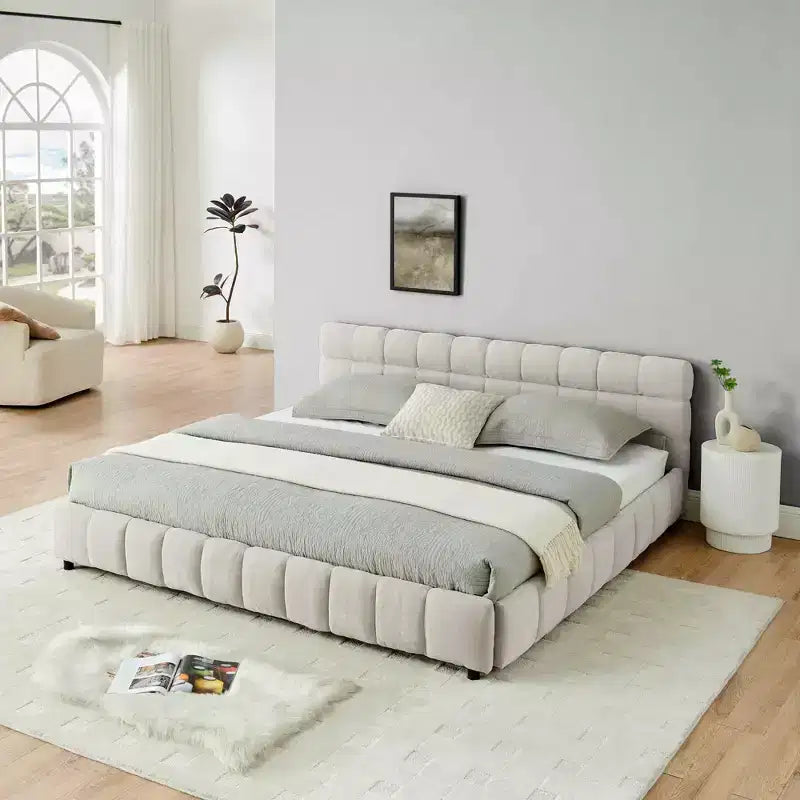 MAYEERTY Letto King Size Imbottito con Testiera, Struttura Letto Solida con Cassetti per Camera da Letto, Beige