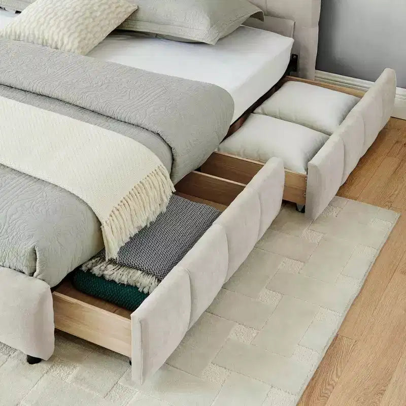 MAYEERTY Letto King Size Imbottito con Testiera, Struttura Letto Solida con Cassetti per Camera da Letto, Beige