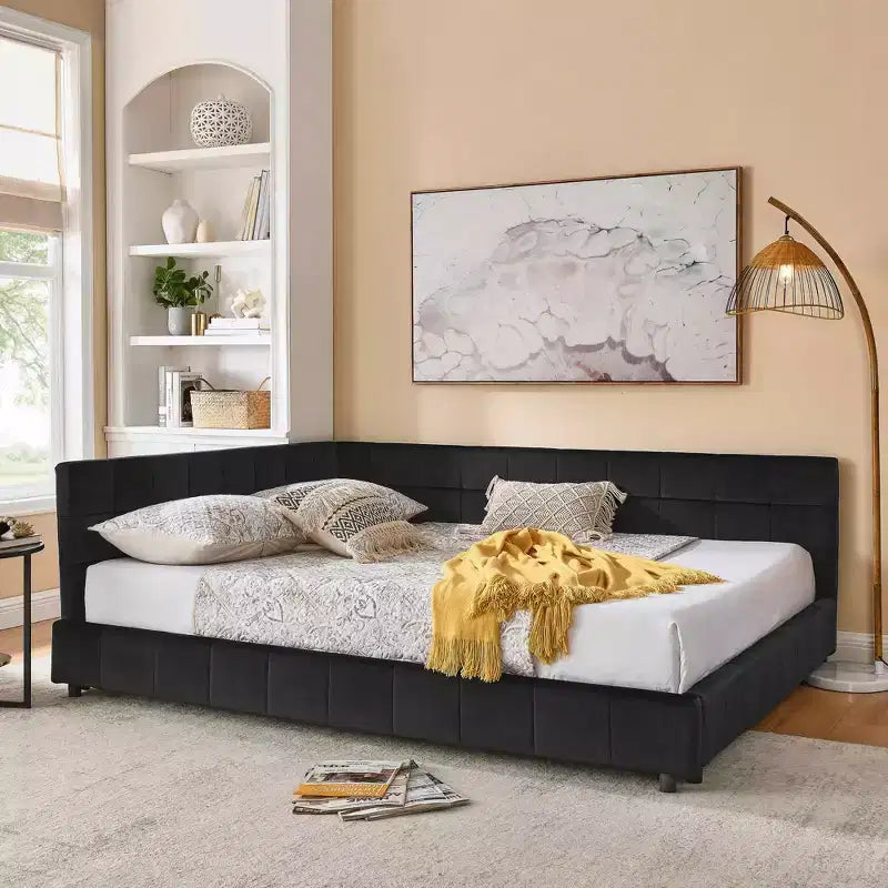 MAYEERTY Queen Size Upholstered Tufted Bed Frame with Backrest and Armrests Velvet for Bedroom Black