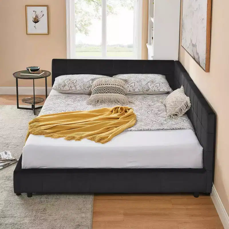 MAYEERTY Letto imbottito trapuntato Queen Size con schienale e braccioli in velluto per camera da letto, nero