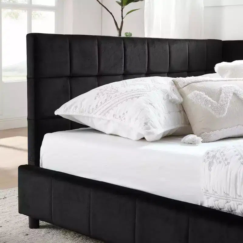 MAYEERTY Queen Size Upholstered Tufted Bed Frame with Backrest and Armrests Velvet for Bedroom Black