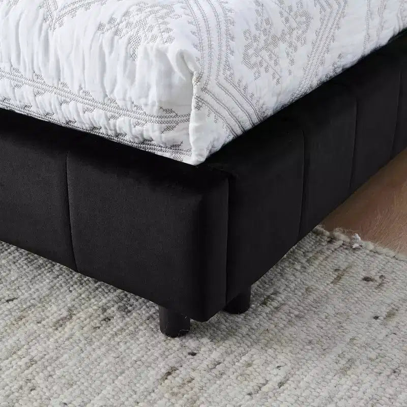 MAYEERTY Queen Size Upholstered Tufted Bed Frame with Backrest and Armrests Velvet for Bedroom Black