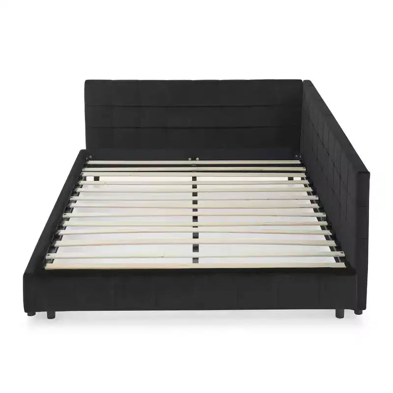 MAYEERTY Queen Size Upholstered Tufted Bed Frame with Backrest and Armrests Velvet for Bedroom Black