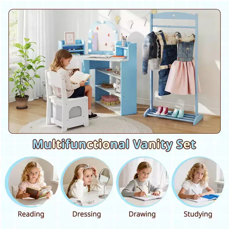 Costway Corner Kids Vanity with Lights, 3 Storage Shelves, 5 Open Compartments, Accessories Pink/Blue + White
