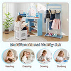 Costway Corner Kids Vanity with Lights, 3 Storage Shelves, 5 Open Compartments, Accessories Pink/Blue + White