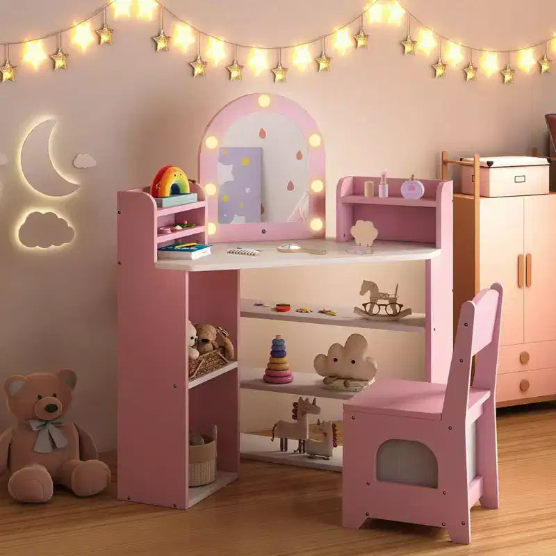 Costway Corner Kids Vanity with Lights, 3 Storage Shelves, 5 Open Compartments, Accessories Pink/Blue + White
