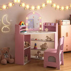 Costway Corner Kids Vanity with Lights, 3 Storage Shelves, 5 Open Compartments, Accessories Pink/Blue + White