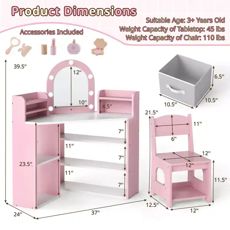 Costway Corner Kids Vanity with Lights, 3 Storage Shelves, 5 Open Compartments, Accessories Pink/Blue + White