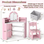 Costway Corner Kids Vanity with Lights, 3 Storage Shelves, 5 Open Compartments, Accessories Pink/Blue + White