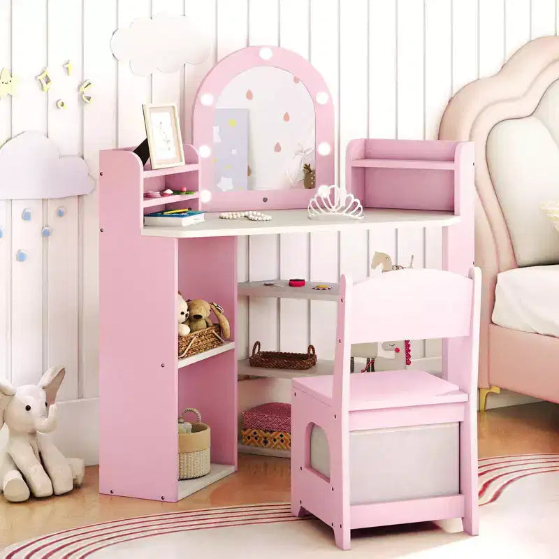 Costway Corner Kids Vanity with Lights, 3 Storage Shelves, 5 Open Compartments, Accessories Pink/Blue + White