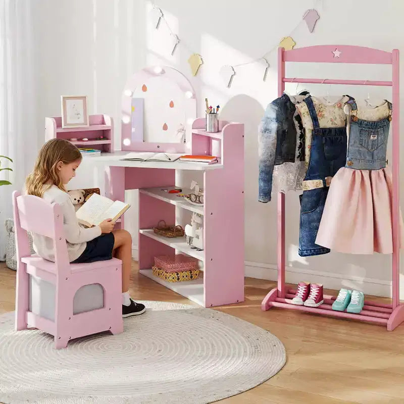 Costway Corner Kids Vanity with Lights, 3 Storage Shelves, 5 Open Compartments, Accessories Pink/Blue + White