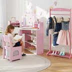 Costway Corner Kids Vanity with Lights, 3 Storage Shelves, 5 Open Compartments, Accessories Pink/Blue + White