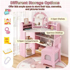 Costway Corner Kids Vanity with Lights, 3 Storage Shelves, 5 Open Compartments, Accessories Pink/Blue + White