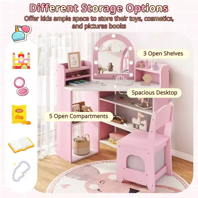Costway Corner Kids Vanity with Lights, 3 Storage Shelves, 5 Open Compartments, Accessories Pink/Blue + White