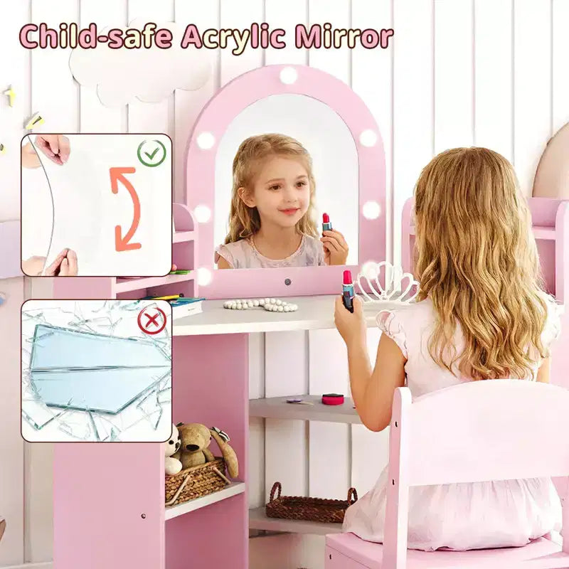 Costway Corner Kids Vanity with Lights, 3 Storage Shelves, 5 Open Compartments, Accessories Pink/Blue + White