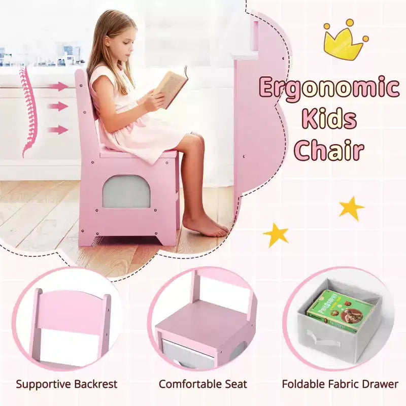 Costway Corner Kids Vanity with Lights, 3 Storage Shelves, 5 Open Compartments, Accessories Pink/Blue + White