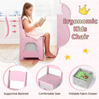 Costway Corner Kids Vanity with Lights, 3 Storage Shelves, 5 Open Compartments, Accessories Pink/Blue + White