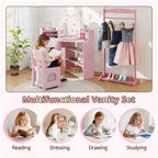 Costway Corner Kids Vanity with Lights, 3 Storage Shelves, 5 Open Compartments, Accessories Pink/Blue + White