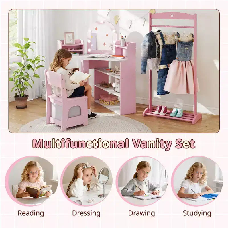 Costway Corner Kids Vanity with Lights, 3 Storage Shelves, 5 Open Compartments, Accessories Pink/Blue + White
