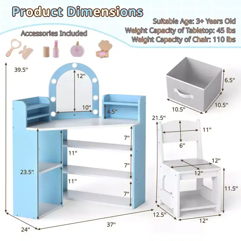 Costway Corner Kids Vanity with Lights, 3 Storage Shelves, 5 Open Compartments, Accessories Pink/Blue + White