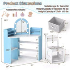 Costway Corner Kids Vanity with Lights, 3 Storage Shelves, 5 Open Compartments, Accessories Pink/Blue + White