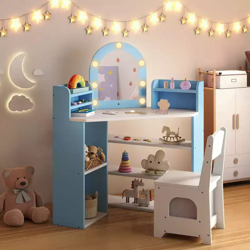Costway Corner Kids Vanity with Lights, 3 Storage Shelves, 5 Open Compartments, Accessories Pink/Blue + White