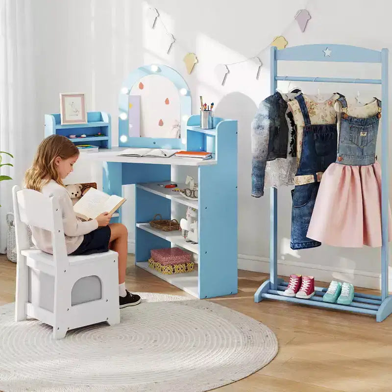 Costway Corner Kids Vanity with Lights, 3 Storage Shelves, 5 Open Compartments, Accessories Pink/Blue + White