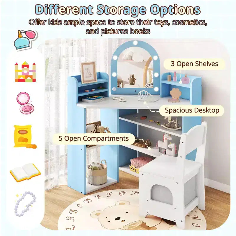 Costway Corner Kids Vanity with Lights, 3 Storage Shelves, 5 Open Compartments, Accessories Pink/Blue + White