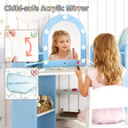Costway Corner Kids Vanity with Lights, 3 Storage Shelves, 5 Open Compartments, Accessories Pink/Blue + White