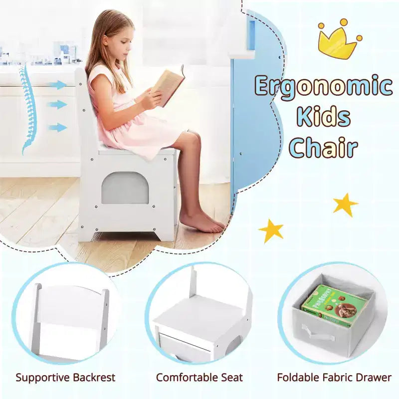 Costway Corner Kids Vanity with Lights, 3 Storage Shelves, 5 Open Compartments, Accessories Pink/Blue + White