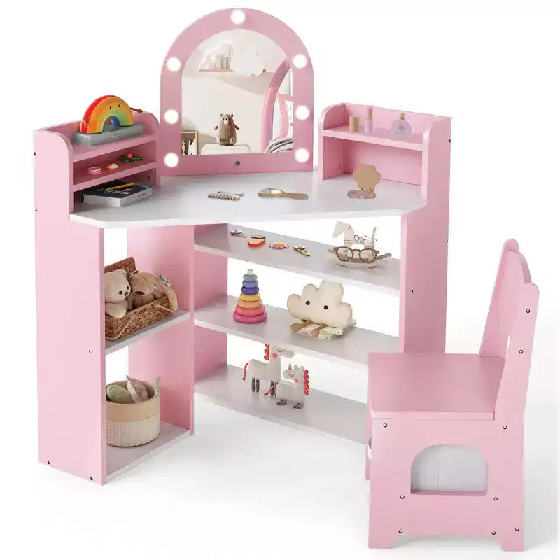 Costway Corner Kids Vanity with Lights, 3 Storage Shelves, 5 Open Compartments, Accessories Pink/Blue + White