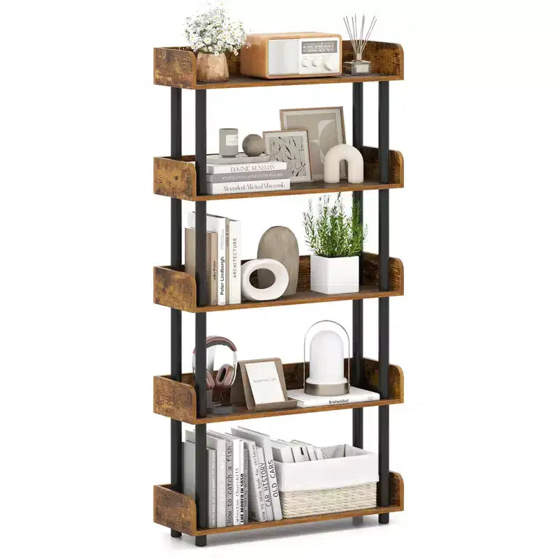Costway 1/2 PCS 5-Tier Bookshelf, Open Bookcase with Anti-Tipping Kit, Storage Unit for Living Room Black/Rustic Brown & Black
