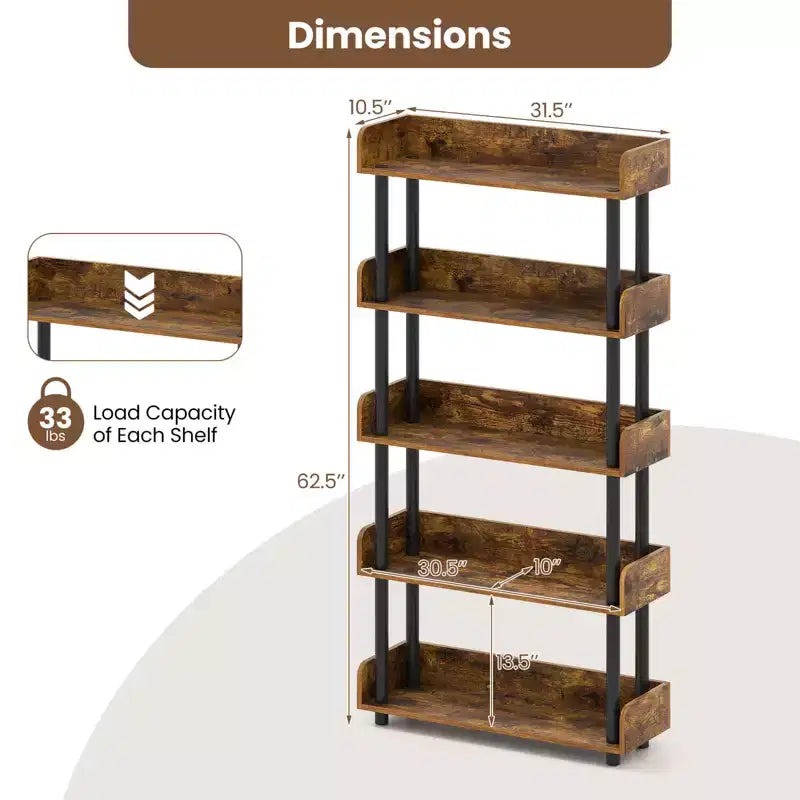 Costway 1/2 PCS 5-Tier Bookshelf, Open Bookcase with Anti-Tipping Kit, Storage Unit for Living Room Black/Rustic Brown & Black